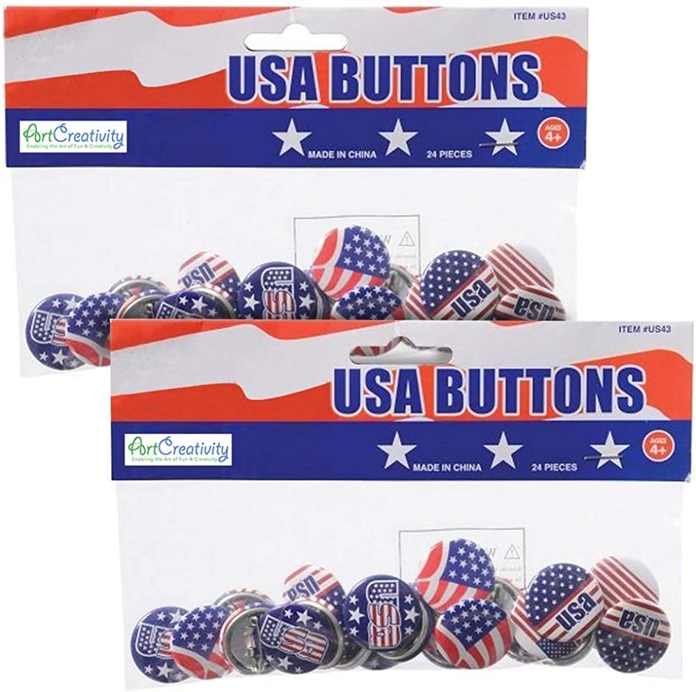 Patriotic USA Button Pins, Bulk Pack of 48, July 4th Party Favors, Red, White, and Blue Patriotic Accessories, American Flag Lapel Pins for Kids and Adults, 4 Different Designs