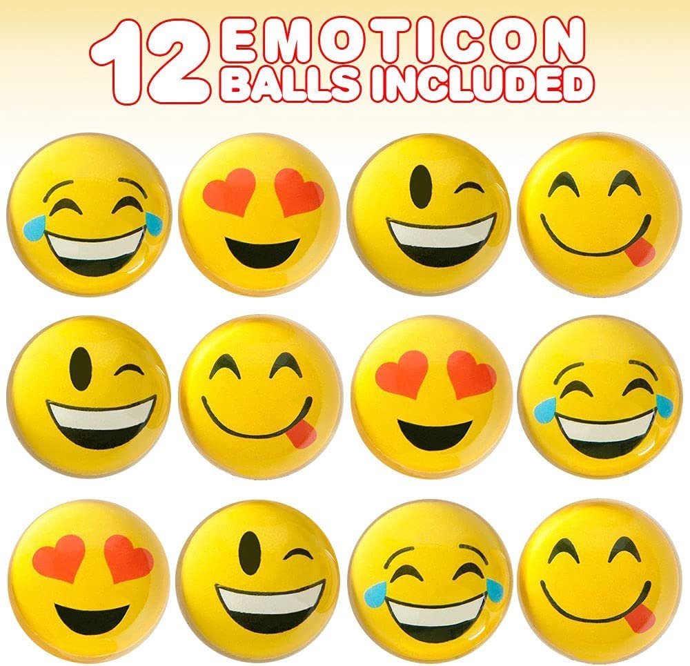 Emoticon Bouncy Balls for Kids, Set of 12, Bouncing Balls in Assorted Emoticon Designs, Extra-High Bounce, Emoticon Birthday Party Favors, Piñata and Goodie Bag Fillers