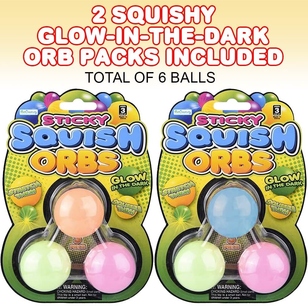 Squish Sticky Glow in The Dark Orbs, 2 Packs with 3 Balls Each, Glowing Fidget Toys for Kids & Adults, Squeeze Stress Toys in Assorted Vibrant Colors, Goody Bag Fillers & Party Favors