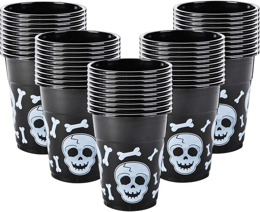 16oz Skull Disposable Party Cups, Set of 50, Plastic Party Cups for Halloween or Pirate Events, Spooky Skull and Bones Design, Fun Pirate Party Supplies, Black and White