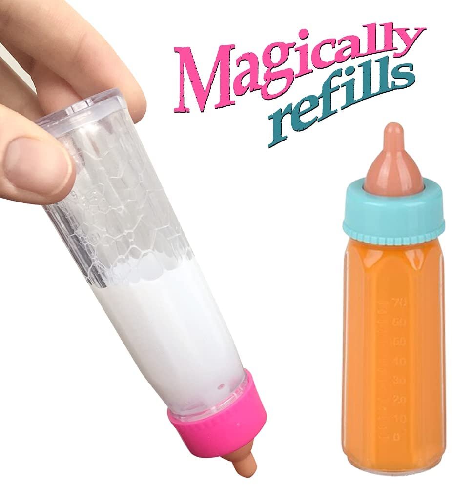 Magic Baby Bottles, Set of 4, Includes 2 Juice and 2 Milk Baby Doll Bottles with Disappearing Liquid, Baby Doll Accessories for Girls, Pretend Play Toys for Hours of Imaginative Play
