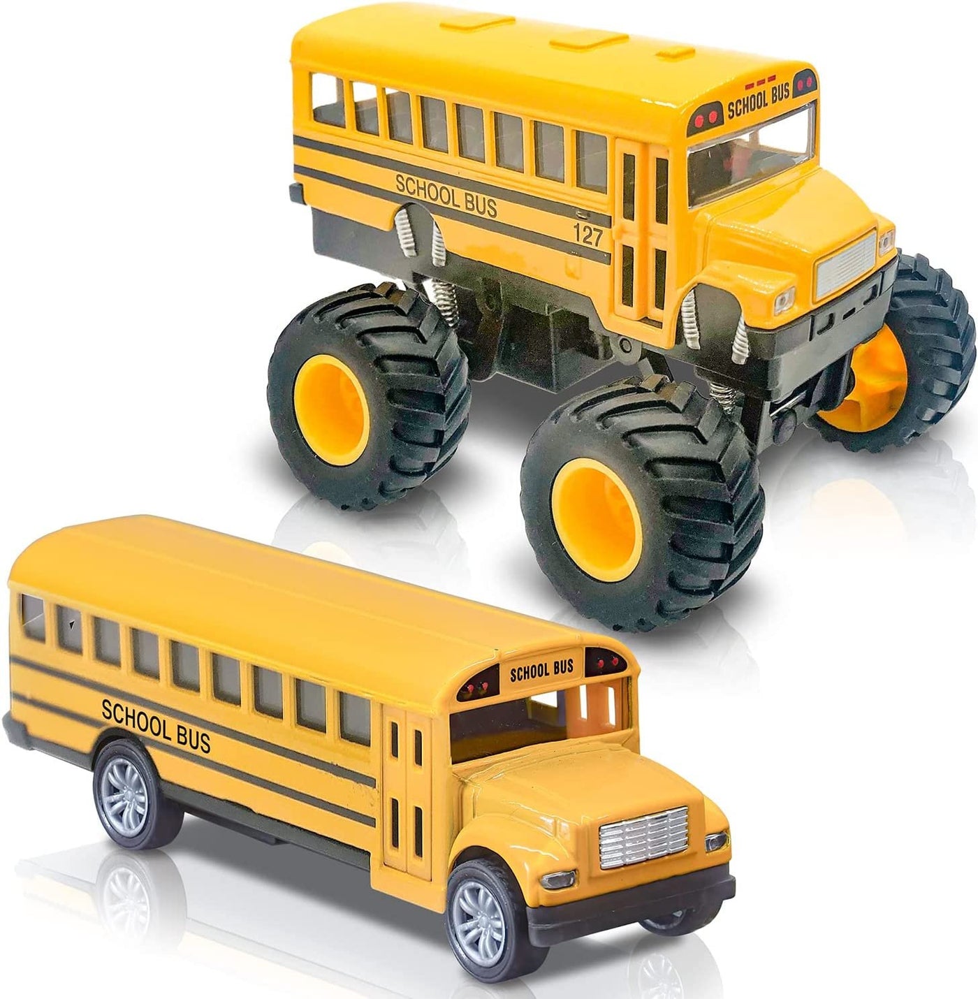 ArtCreativity 5 Inch Pull Back School Bus Toy Set - Set of 2 - Includes 5 Inch Monster-Wheel Bus and 5 inch Classic Schoolbus, Diecast Bus Playset with Pull Back Mechanism, Great Gift Idea for Kids