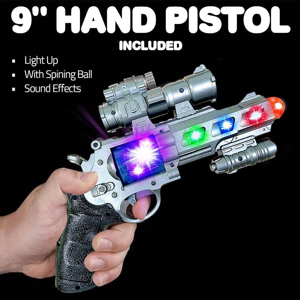 LED Light Up Toy Gun Set by Art Creativity - Includes 12.5" Assault Rifle, 9" Hand Pistol and Batteries - Super Ray Gun Blasters with Colorful Flashing LEDs and Sound - Cool Play Toy for Kids
