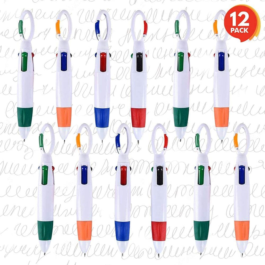 4-in-1 Multicolor Retractable Pen with a Cool Carabiner Hook - Pack of 12-4 Color Ball Point Shuttle Pens for Kids - Stationery Supplies, Birthday Party Favors for Boys and Girls