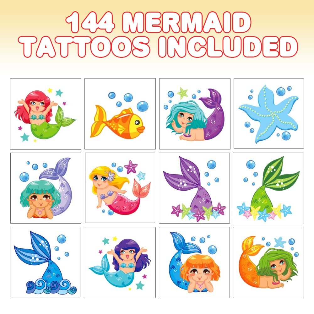 Mermaid Temporary Tattoos for Kids - Bulk Pack of 144 Tattoos in Assorted Mermaid Designs, Non-Toxic 2" Tats, Birthday Party Favors, Goodie Bag Fillers, Non-Candy Halloween Treats
