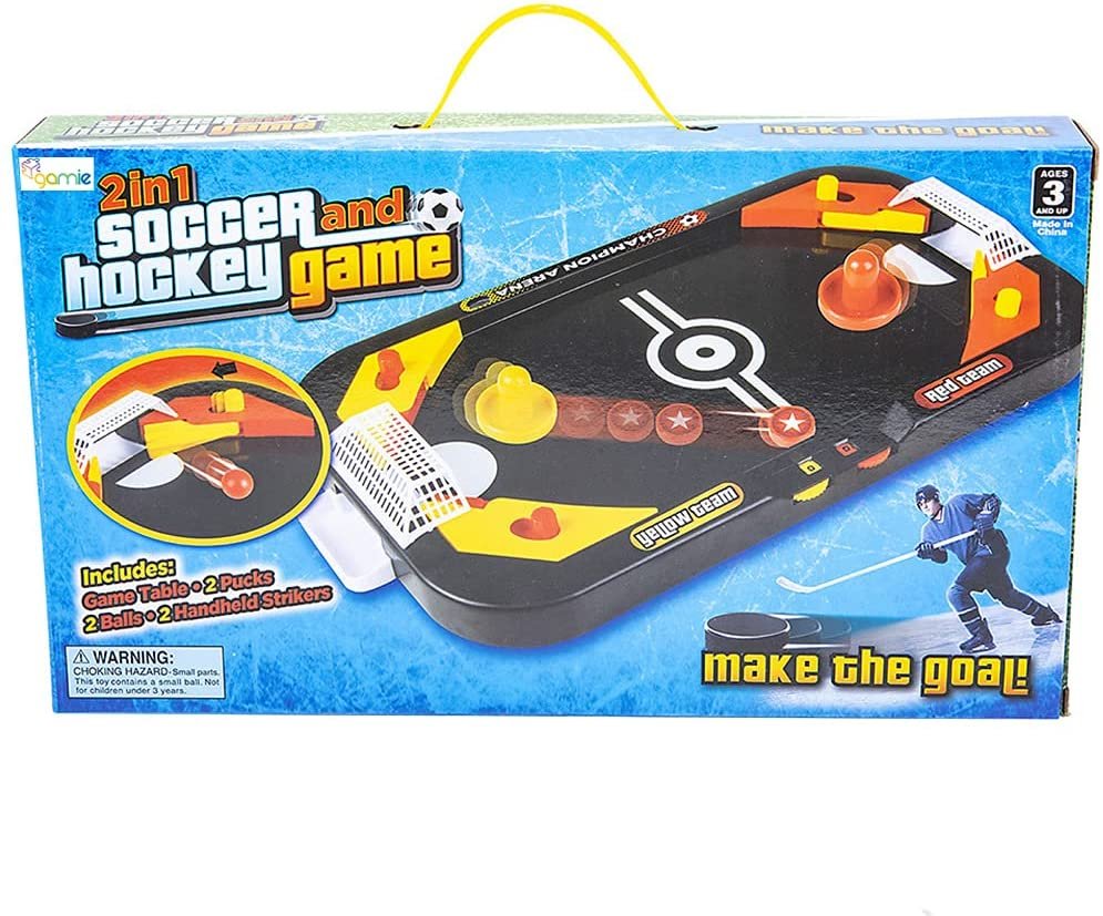 Gamie 2 in 1 Sports Tabletop Game for Kids, Soccer and Hockey Table Game for Indoor Fun, Includes Pucks, Balls, and Strikers, Fits on Table or Floor for Hours of Action-Packed Play