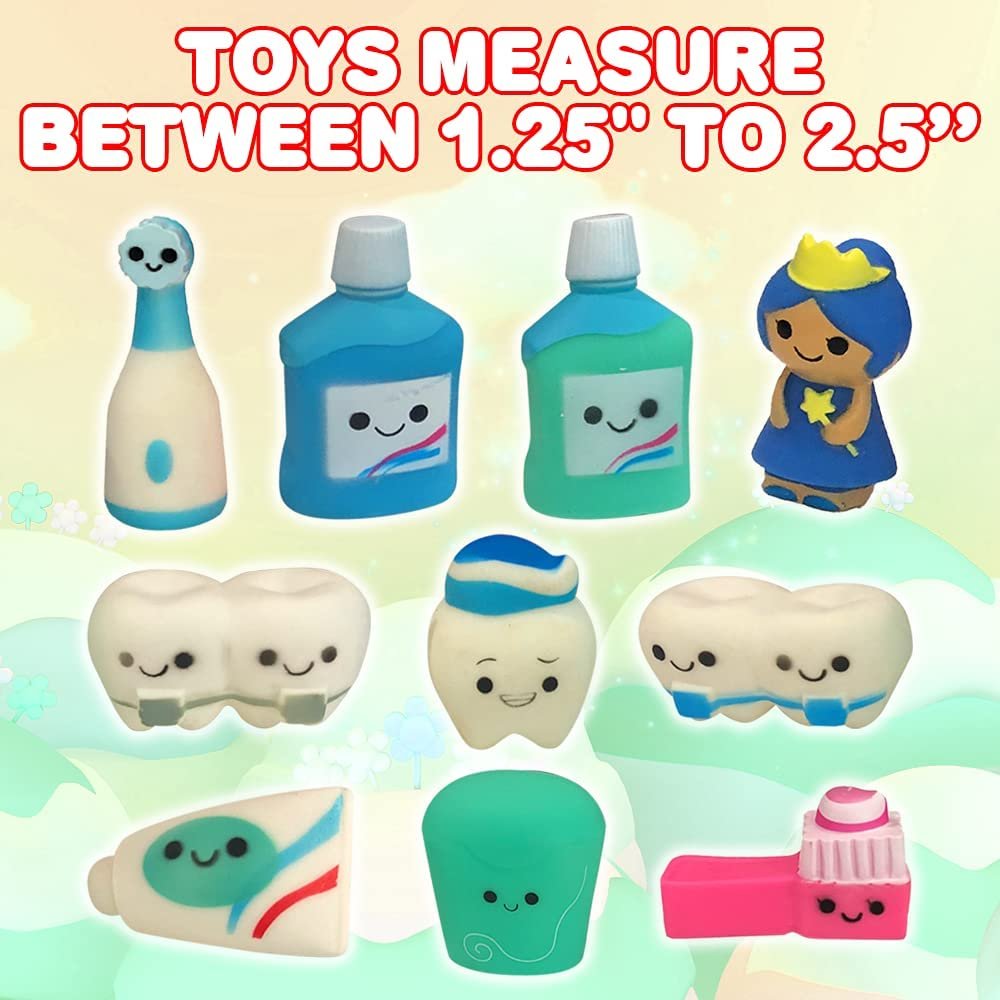 Dental Character Assortment, Set of 25, Cute Tooth Fairy Toys for Kids, Rubbery Dentist Office Giveaways for Children, Holiday Stocking Stuffers, Unique Birthday Party Favors