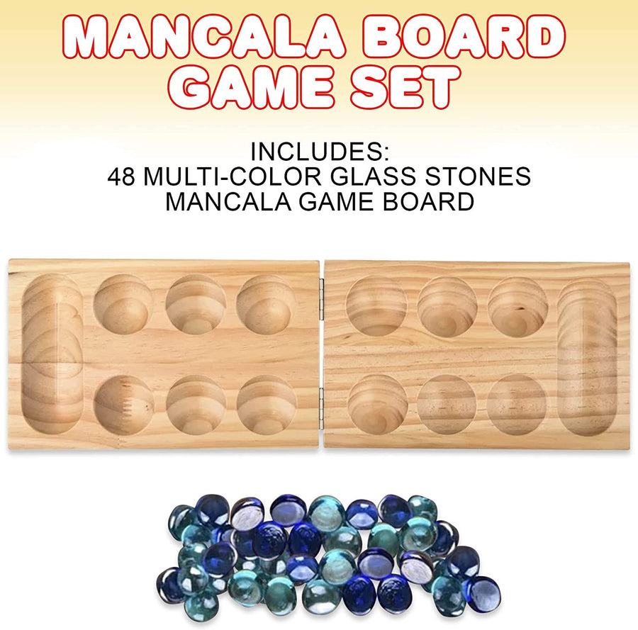 Gamie Wooden Mancala Board Game Set - Foldable Mancala with 48 Color Stones - Classic 2 Player Games for Adults and Kids with Instructions - Travel Board Games for Road Trips or Long Flights