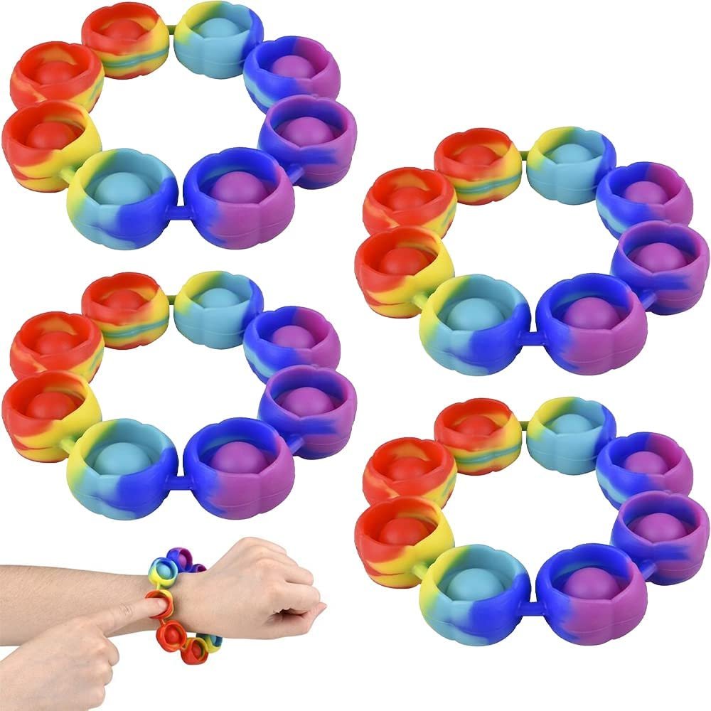 Rainbow Bubble Popper Bangles, Set of 4, Bracelet Fidget Poppers for Sensory Play, Stress Relief Toys for Kids and Adults, Comfortable Silicone Push Pop Fidget Toys. Multi-Colored