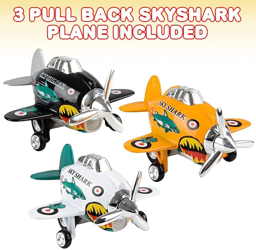 Diecast Skyshark Planes with Pullback Mechanism, Set of 3, Diecast Metal Jet Plane Toys for Boys, Pull Back Airplane Party Favors, Goodie Bag Fillers for Kids