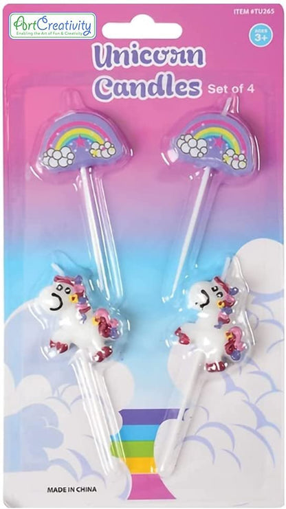 ArtCreativity Unicorn and Rainbow Pick Candles, Set of 4, Unicorn Themed Birthday Cake Candles, Magical Birthday Party Supplies and Decorations, Cake Topper, Cupcake Topper