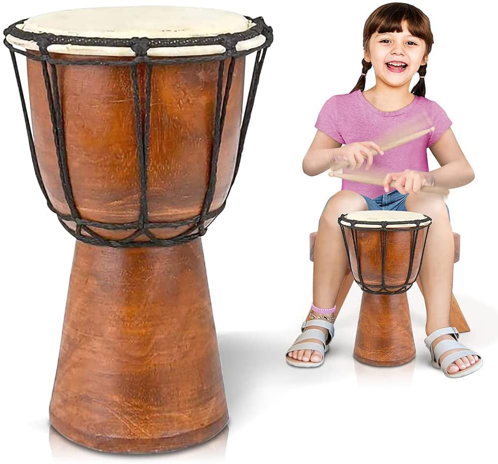 16" Wooden Drum Set with Sticks, Rustic Brown Wood and Authentic Design, Fun Musical Instrument for Kids, Great Gift Idea for Boys and Girls