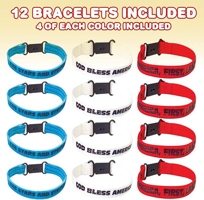 ArtCreativity Patriotic Bracelet Assortment, Pack of 12, Red, White, and Blue Wristbands with Patriotic Sayings, 4th of July Party Favors, Cotton Wrist Bands with Plastic Clasp Closure