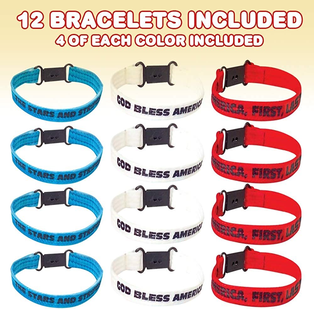 Patriotic Bracelet Assortment, Pack of 12, Red, White, and Blue Wristbands with Patriotic Sayings, 4th of July Party Favors, Cotton Wrist Bands with Plastic Clasp Closure