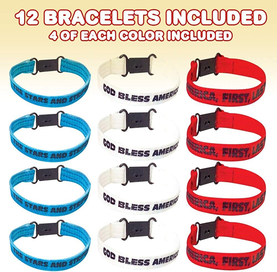 Patriotic Bracelet Assortment, Pack of 12, Red, White, and Blue Wristbands with Patriotic Sayings, 4th of July Party Favors, Cotton Wrist Bands with Plastic Clasp Closure