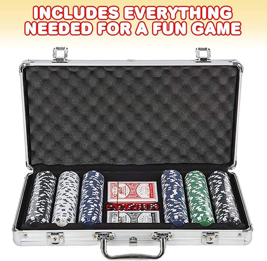 Gamie Poker Set in Aluminum Case, Casino Poker chip Kit with 300 Chips, 2 Decks of Playing Cards, 5 Dice, and 1 Deluxe Case, Fun Game Night Supplies, Best Poker Gifts for Teens and Adults