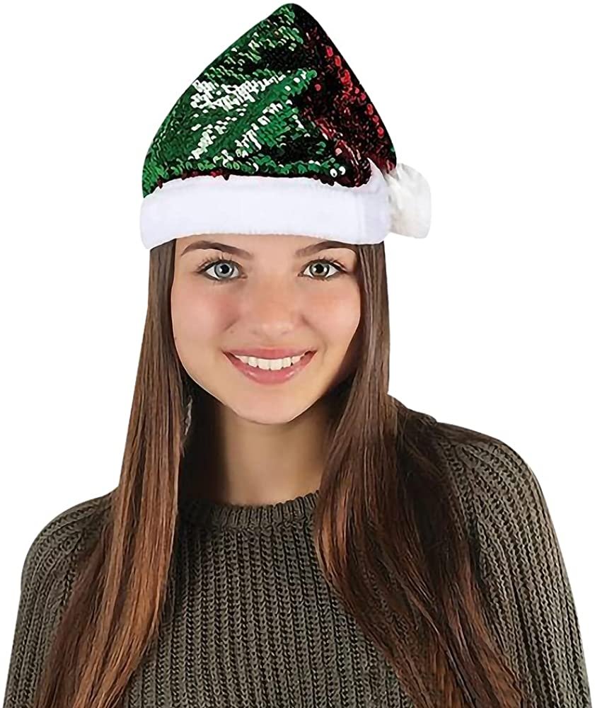 Flip Sequin Santa Hat, 1pc, Santa Costume Hat with Shiny Sequins and Pompom, Christmas Photo Booth Prop, Christmas Party Hat for Kids and Adults, Holiday Party Favor