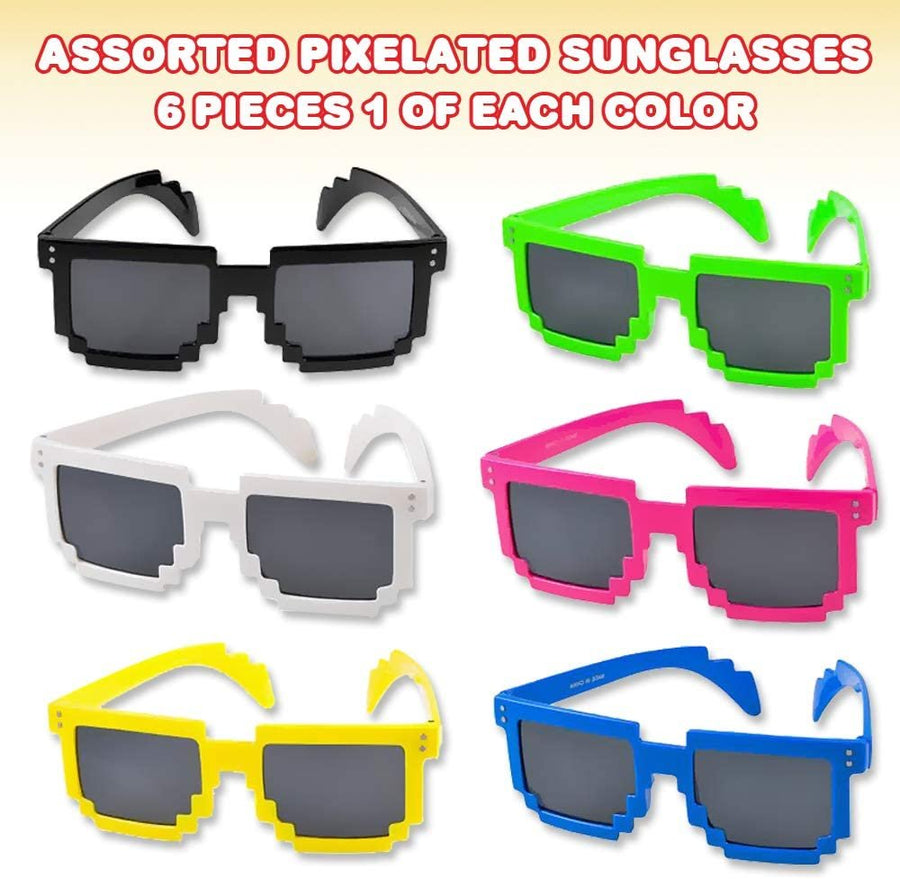 Assorted Pixel Sunglasses for Kids, Set of 6, Cool Sun Glasses in Assorted Colors, Fun Birthday and Pool Party Favors for Boys and Girls, Dress-Up Accessories, Goodie Bag Fillers