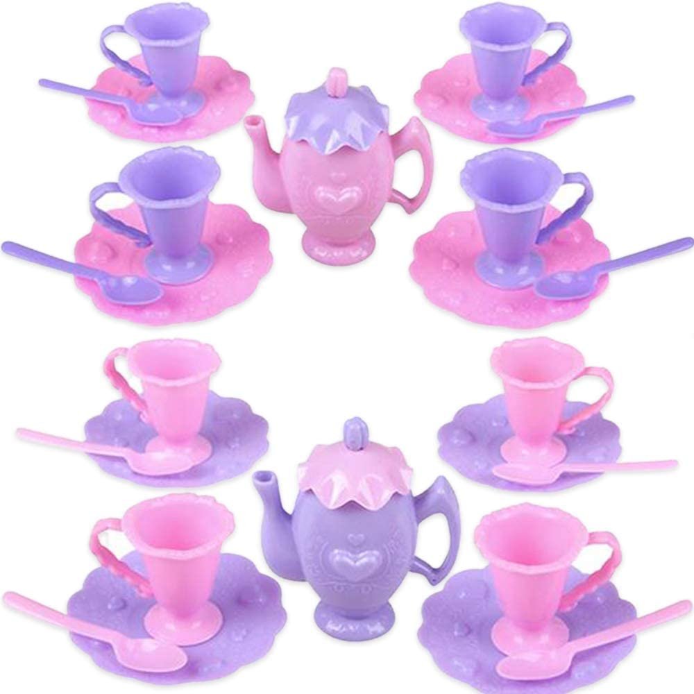 13PC Mini Tea Party Toy Set for Little Girls, Set of 2, Each Toy Tea Set with 4 Plates, 4 Spoons, 4 Cups, and 1 Teapot, Pretend Play Toys for Kids, Great Birthday Gift