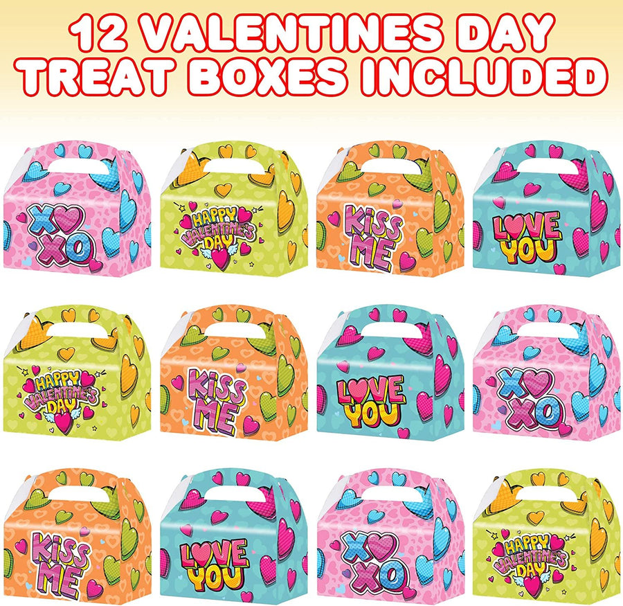 Valentines Day Treat Boxes, Set of 12 Cardboard Candy Boxes with Carry Handles