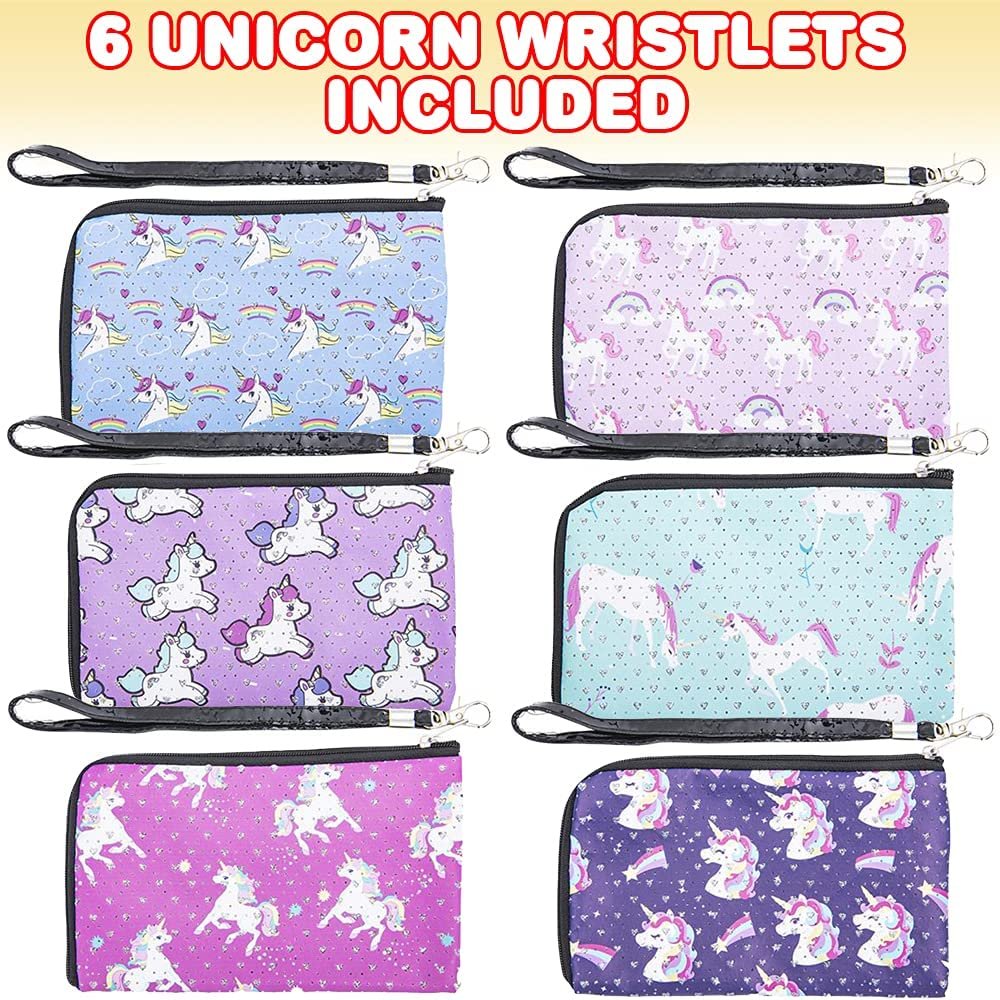 Unicorn Wristlets for Kids, Set of 6, Cute Unicorn Wrist Bags with Strap and Zipper, Unicorn Gifts for Girls, Princess Party Supplies, Birthday Party Favors and Goodie Bag Fillers