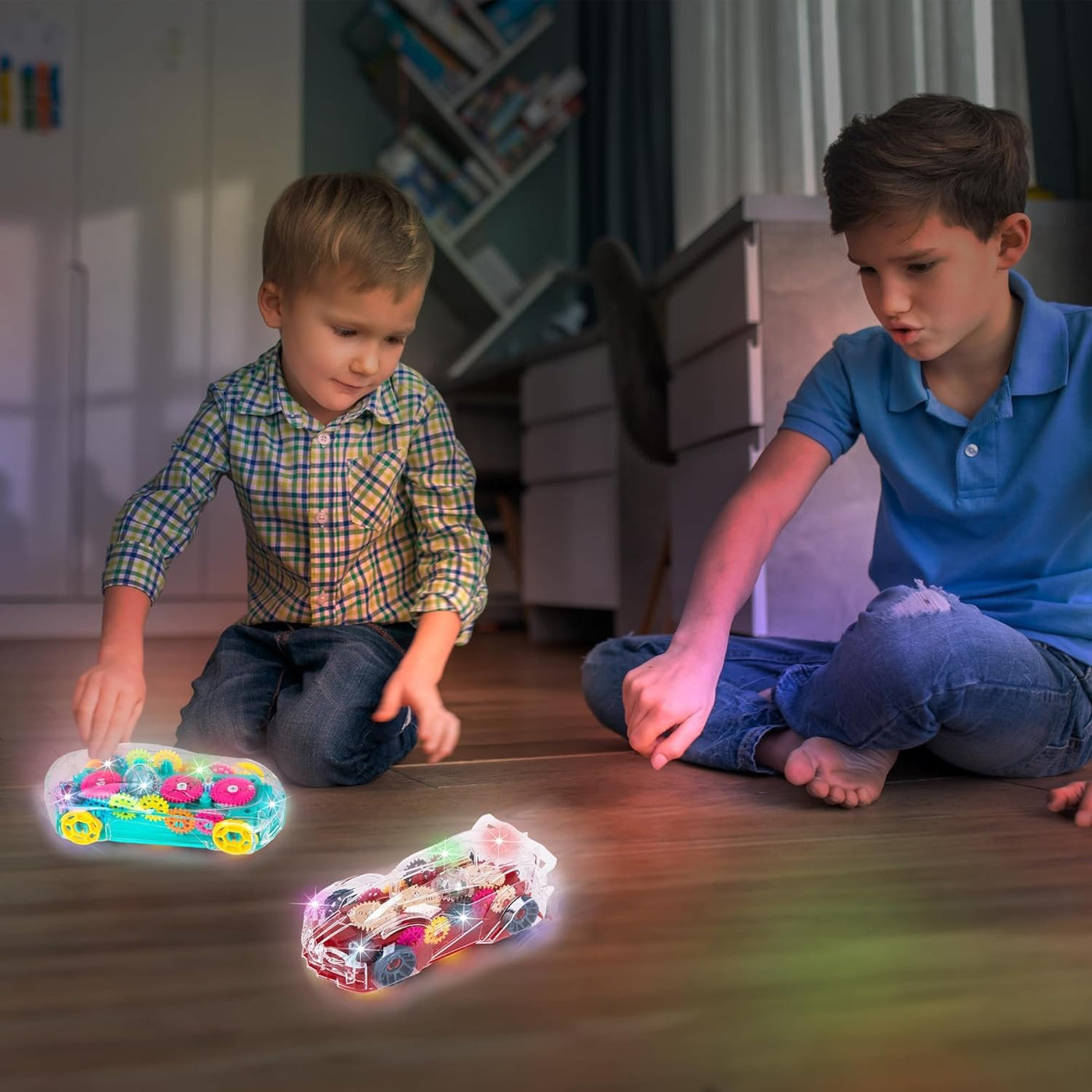 Light Up Transparent Toy Cars for Kids, Set of 2, Bump and Go Toy Cars with Colorful Moving Gears, Music, and LED Effects, Fun Educational Toy for Kids, Great Birthday Gift Idea