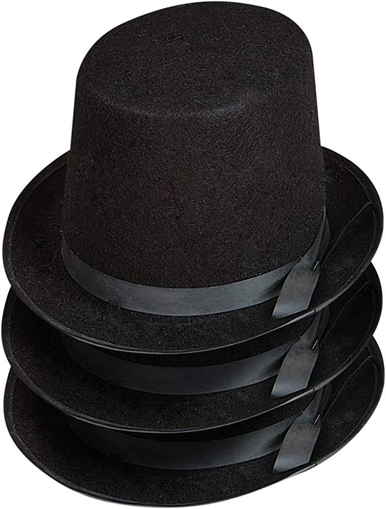 Black Felt Top Hats for Kids and Adults, Pack of 3, Slash Top Hats with Hatband, Circus Magic Birthday Party Favors, Halloween Costume Accessories, One Size Fits All