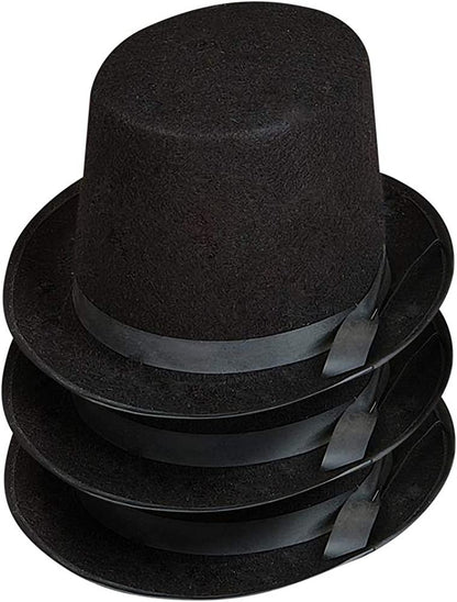 ArtCreativity Black Felt Top Hats for Kids and Adults, Pack of 3, Slash Top Hats with Hatband, Circus Magic Birthday Party Favors, Halloween Costume Accessories, One Size Fits All