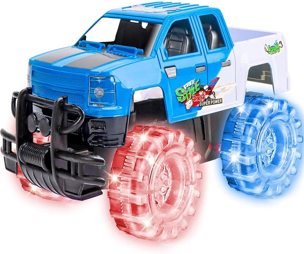 ArtCreativity Light Up Blue & White Monster Truck, 1 Piece, 8 Inch Monster Truck Toy with Flashing LED Tires & Batteries, Push n Go Car Toys for Kids, Fun Gift for Boys & Girls Ages 3 & Up…