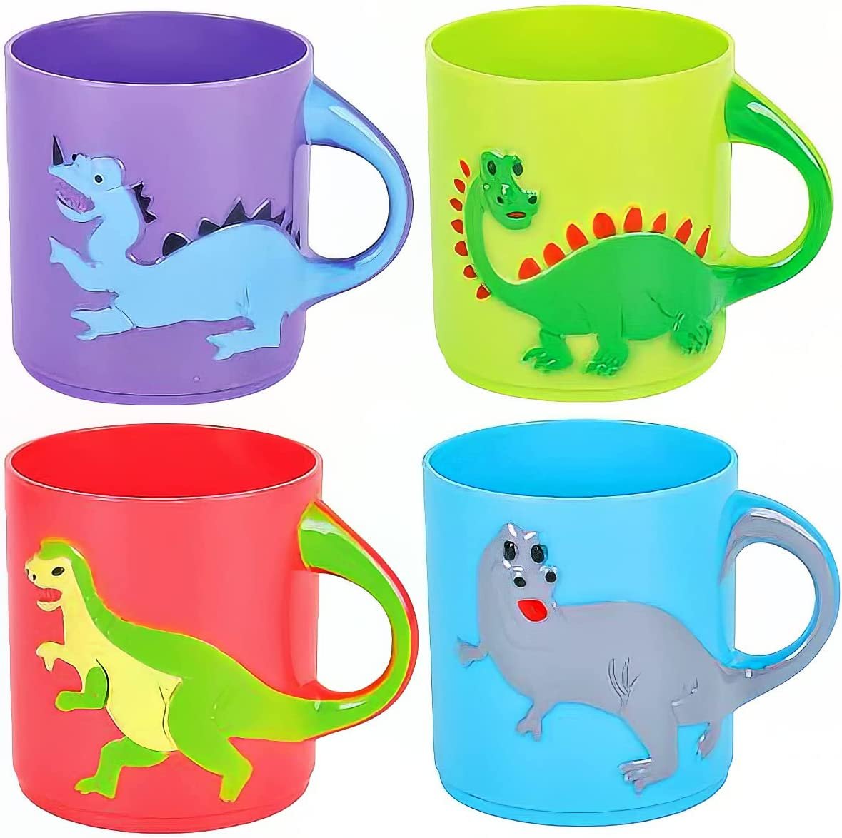 Dinosaur Mugs for Kids, Plastic Dino Cups, Set of 4 - Assorted Colors & Designs