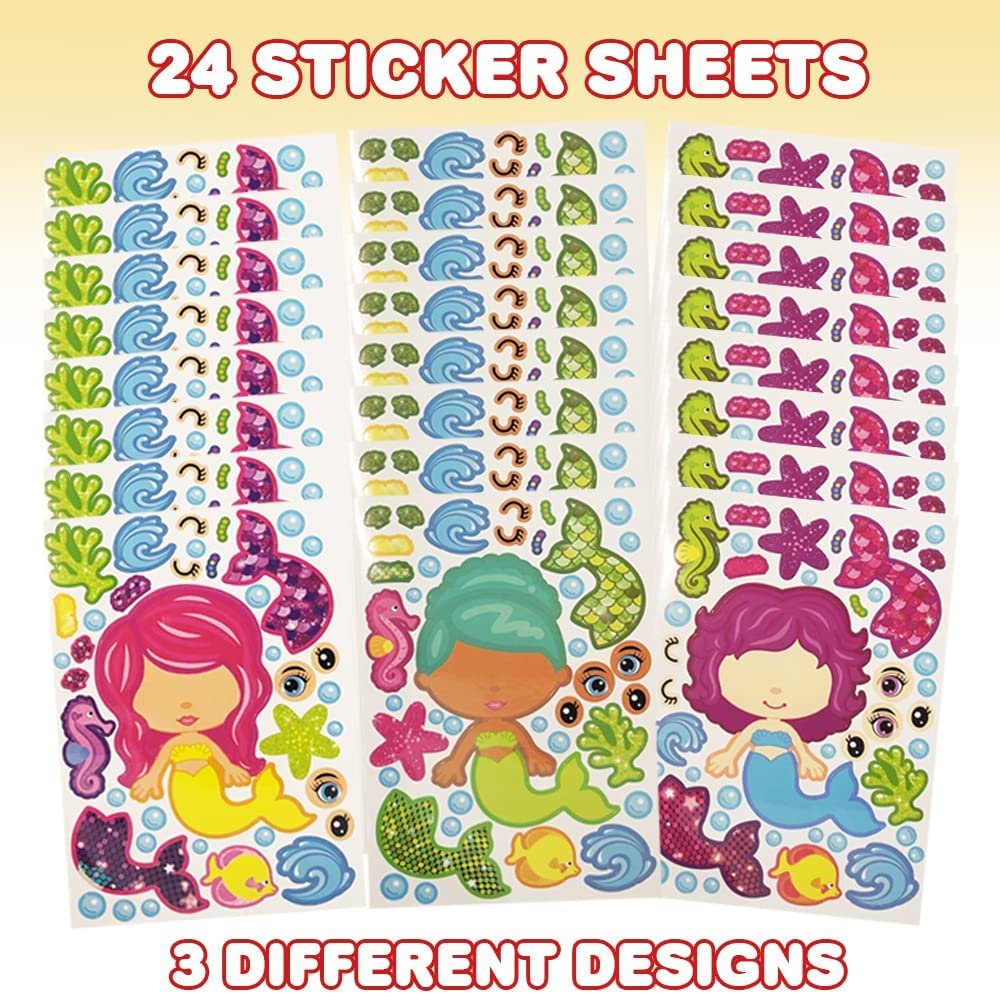 Make Your Own Mermaid Sticker Set, 24 Sheets, Customizable Mermaid Stickers for Girls, Fun Crafts Classroom Activity, Mermaid Party Favors for Kids, Goodie Bag Fillers, Teacher Reward