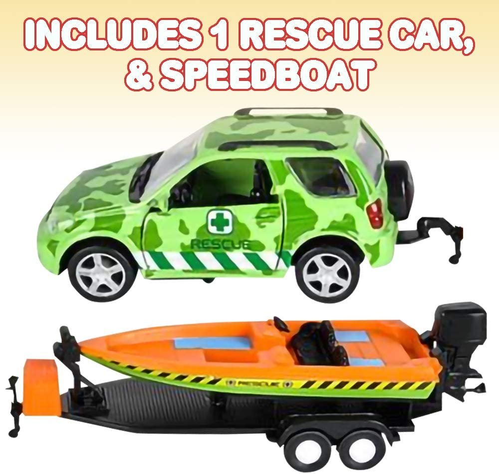 SUV Toy Car with Trailer and Speedboat Playset for Kids, Interactive Jungle Play Set with Detachable Speed Boat and Opening Doors on 4 x 4 Toy Truck, Best Birthday Gift for Boys & Girls
