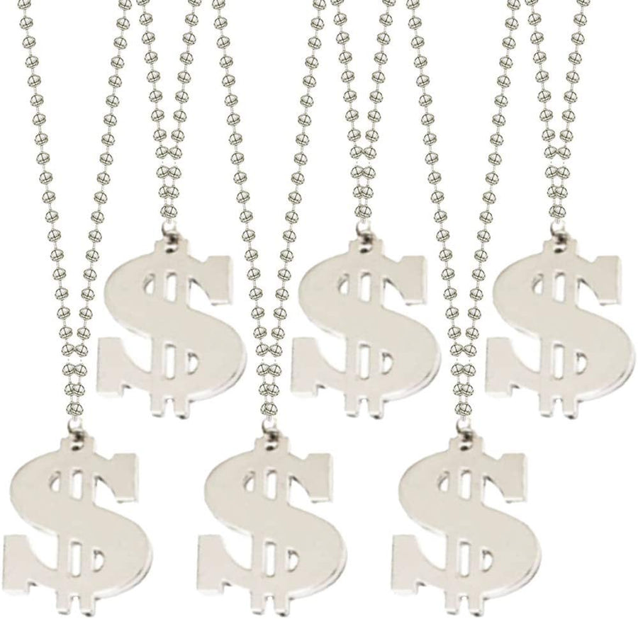 Dollar Sign Necklaces, Set of 12, Plastic Necklaces for Kids with Metallic Silver Finish, Fun Mardi Gras Necklaces, Accessories for HipHop, Rap, or Halloween Costume