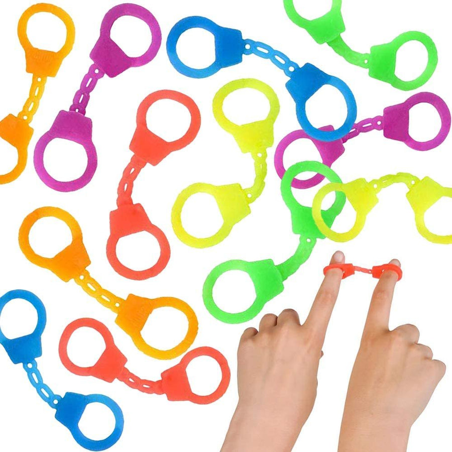 Mini Stretch Finger Cuffs for Kids - Pack of 144 - Rubber Hand Cuffs for Fingers - Police Theme Party Supplies, Neon Party Favors, Goodie Bag and Pinata Fillers - Assorted Vibrant Colors