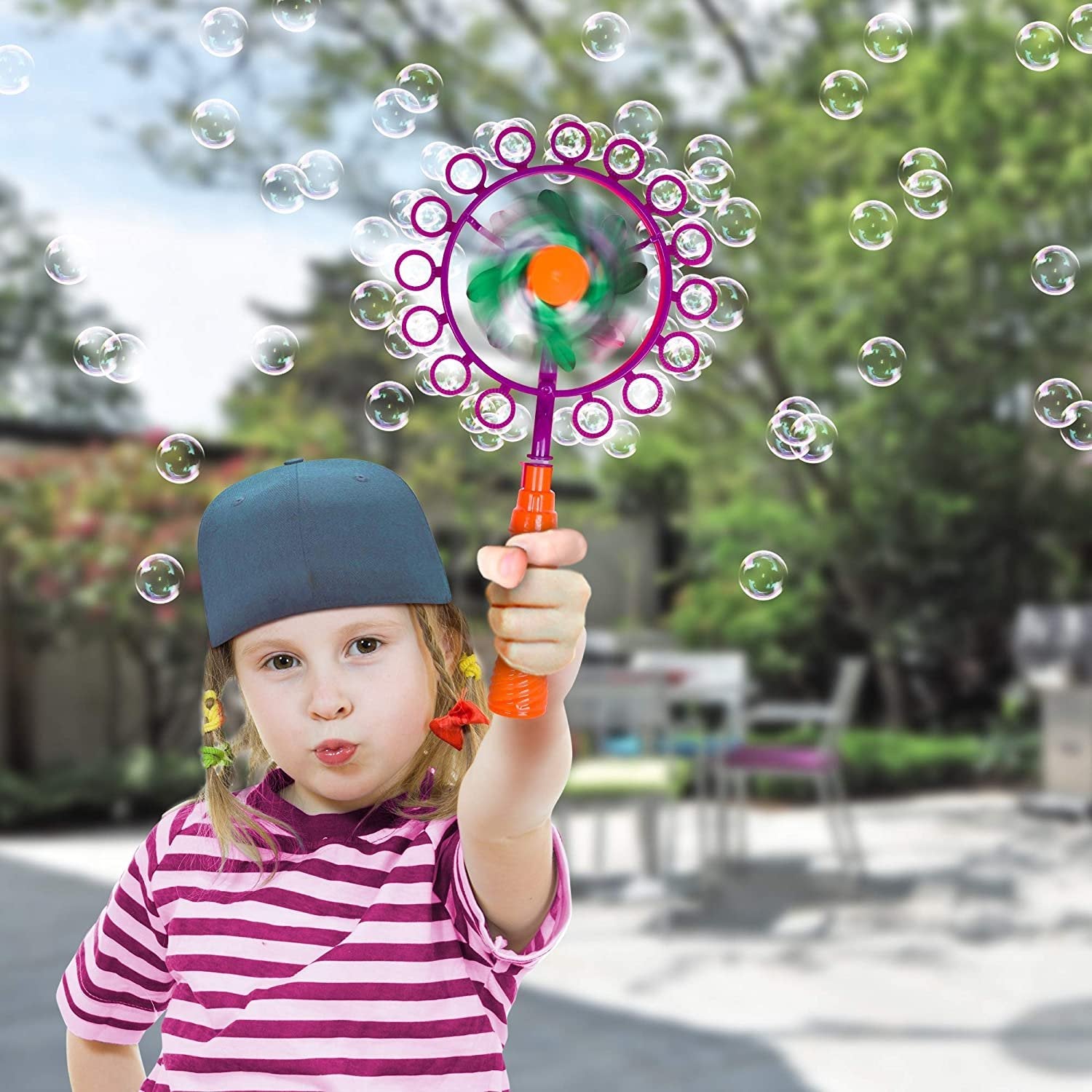 Windmill Bubble Wand, 15.5" Bubble Blower and Pinwheel Spinner for Kids with Solution in Handle, Outdoor Activity for Summer and Backyard Fun, Best Gift for Boys and Girls