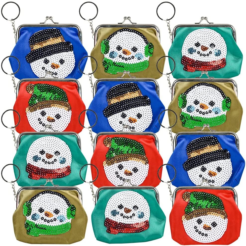 Snowman Purse Keychains, Set of 12, Festive Gifts in a Variety of Colors and Designs, Christmas Party Favors for Kids and Adults, Christmas Stocking Stuffers and Goody Bag Fillers