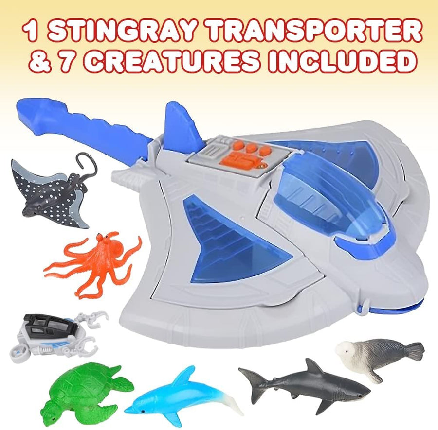 Sting Ray Transporter Set, Includes 1 Stingray Toy with Sounds and 7 Sea Creatures, Interactive Ocean Toys for Kids, Sea Animal Toys for Kids and Underwater Party Supplies