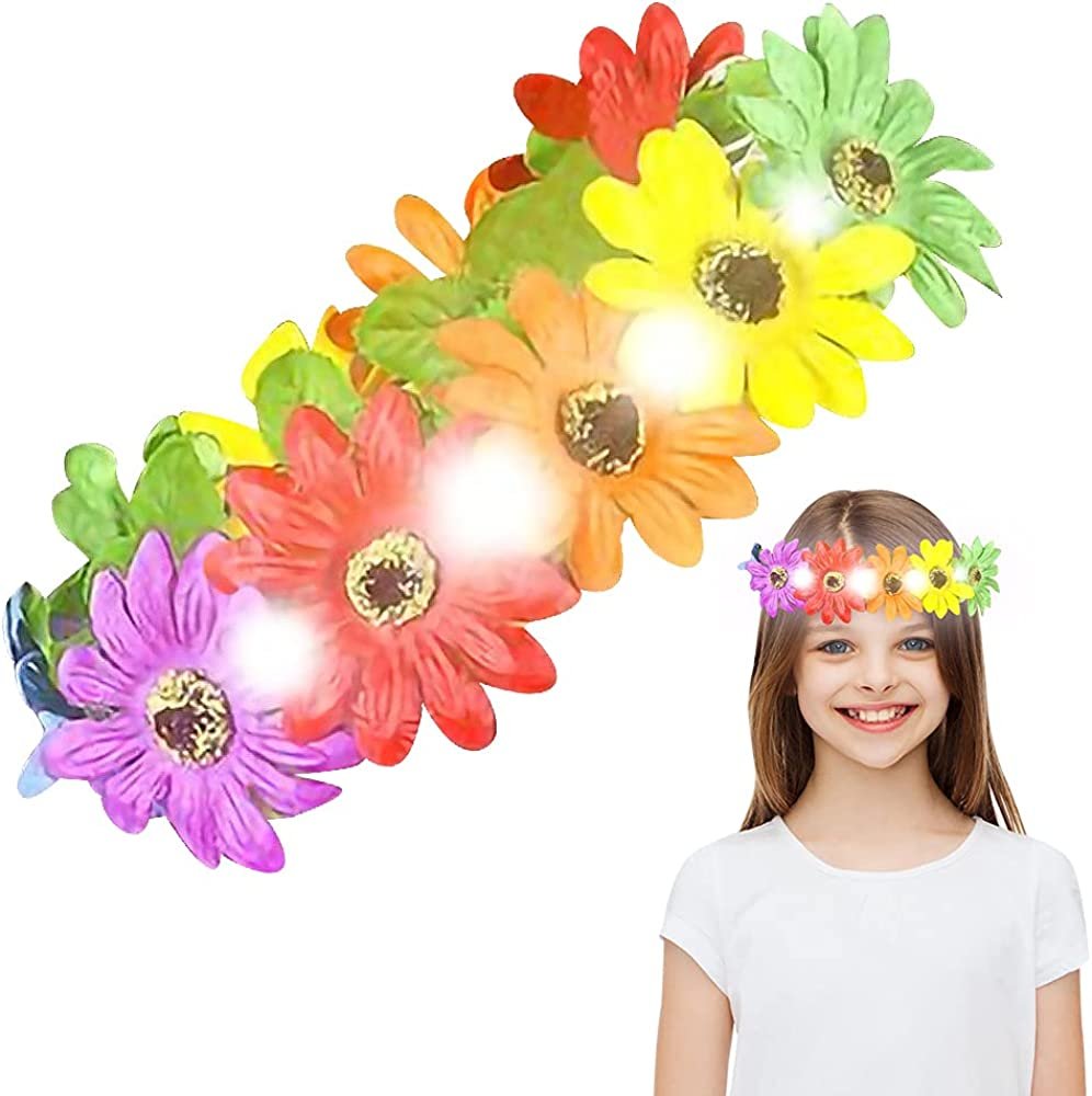 ArtCreativity Light-Up Rainbow Flower Halo, 1PC, LED Tiara for Kids and Adults with Multi-Color Floral Arrangement, Fun Luau Party Supplies, Prop for Music Festivals, Weddings, and Beach Parties