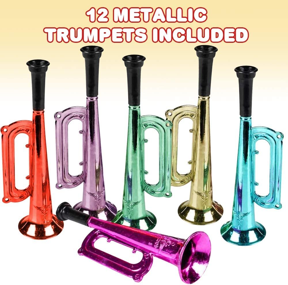 7" Metallic Trumpets, Set of 12, Fun Plastic Musical Instruments Noise Makers for Parties and Events, Music Toys for Kids, Cool Birthday Party Favors for Boys and Girls