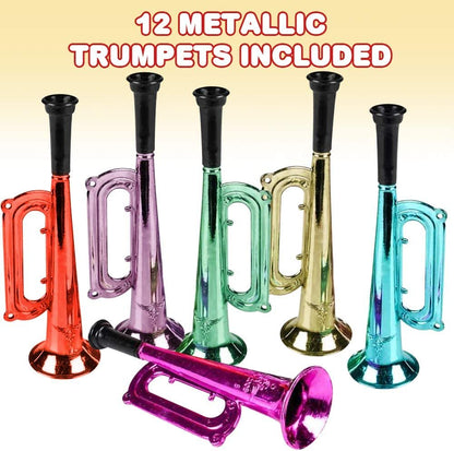 ArtCreativity 7 Inch Metallic Trumpets, Set of 12, Fun Plastic Musical Instruments Noise Makers for Parties and Events, Music Toys for Kids, Cool Birthday Party Favors for Boys and Girls