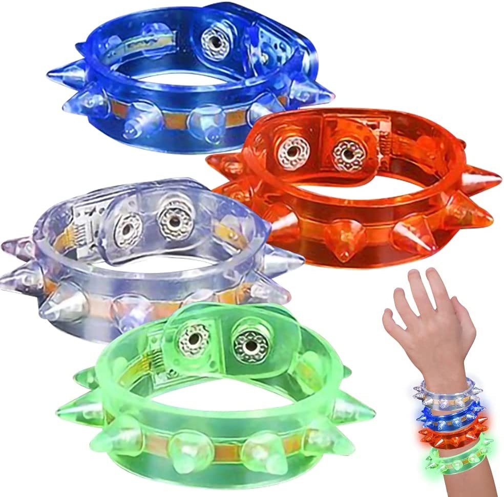 ArtCreativity Light Up Spiky Bracelets, Set of 4, LED Bracelets for Kids with Multi-Color Lights, Wristbands for Girls, Boys, and Adults, LED Party Favors and Goodie Bag Fillers