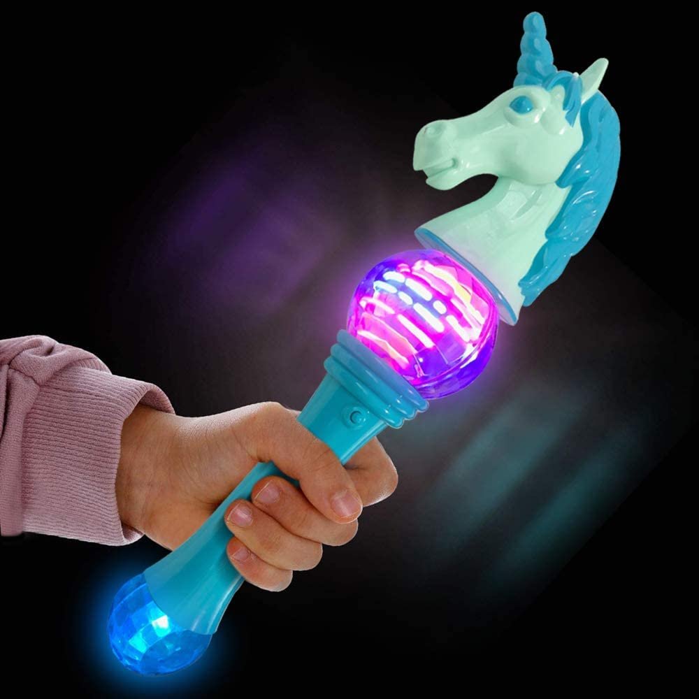 Spinning Light Up Unicorn Wand, 14.5" Cute Princess Spin Wand with Batteries Included, Fun Pretend Play Prop, Best Birthday Gift, Party Favor for Boys and Girls - Colors May Vary