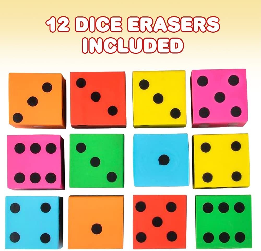 ArtCreativity Dice Erasers for Kids, Set of 12, Dice Pencil Erasers in 6 Vibrant Colors, Back to School Supplies for Boys and Girls, Game and Casino Party Favors, Stationery Goodie Bag Fillers