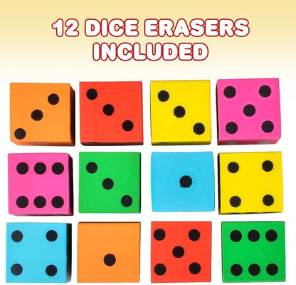 ArtCreativity Dice Erasers for Kids, Set of 12, Dice Pencil Erasers in 6 Vibrant Colors, Back to School Supplies for Boys and Girls, Game and Casino Party Favors, Stationery Goodie Bag Fillers