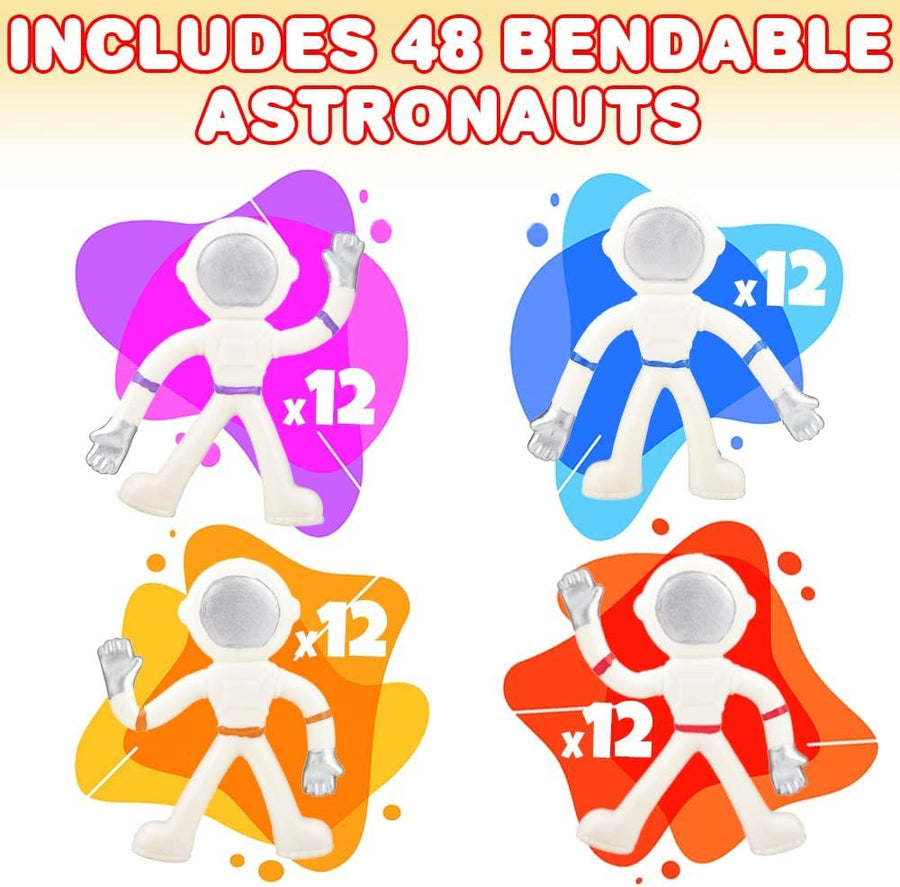 Mini Bendable Astronaut Figurines, Set of 48, Astronaut Toys for Kids in 4 Assorted Colors, Great as Outer Space Party Favors, Galaxy Party Supplies, and Stress Relief Fidget Toys