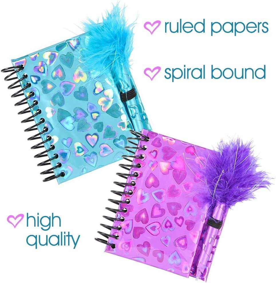 Notebook and Pen Set for Kids, Set of 2, Feather-Tipped Pen and Small Glittery Note Pad with Loop Pen Holder Per Set, Fun Stationery Party Favors, Goodie Bag Fillers, Teacher Rewards