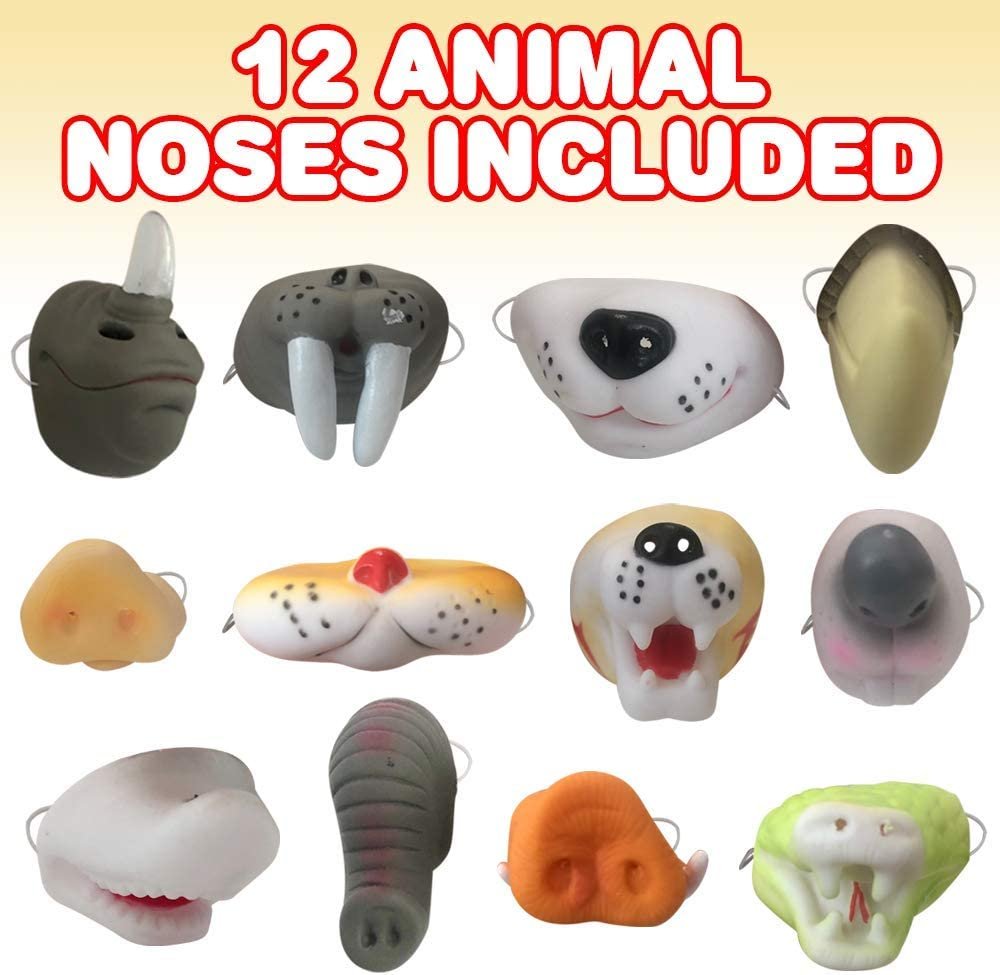 Assorted Animal Noses for Kids, Set of 12, Includes Elephant, Rhino, Pig, Alligator and More, Zoo and Safari Birthday Party Supplies, Fun Favors and Goodie Bag Fillers for Children