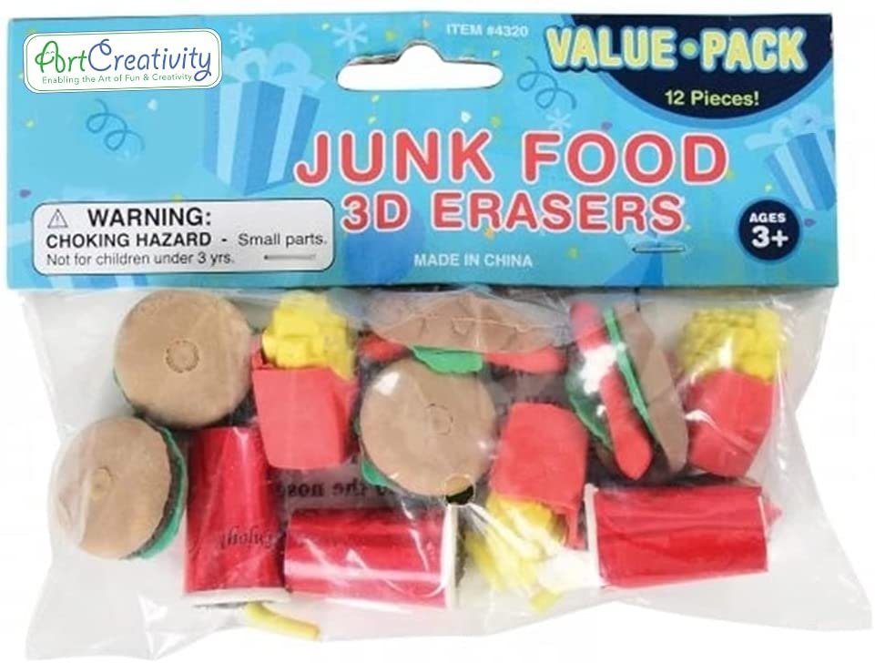 Pull Apart 3D Junk Food Erasers, Set of 12, Mini Assorted Food Erasers for Kids, Back to School Supplies for Boys and Girls, Birthday Party Favors and Goodie Bag Fillers