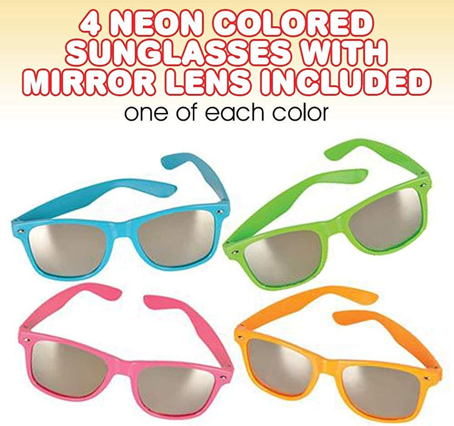 Neon Sunglasses for Kids and Adults, Set of 4, Colorful Sun Glasses with Mirror Lens and UV Protection, Cool Neon Birthday Party Favors, Fun Dress-Up Accessories, Goodie Bag Fillers