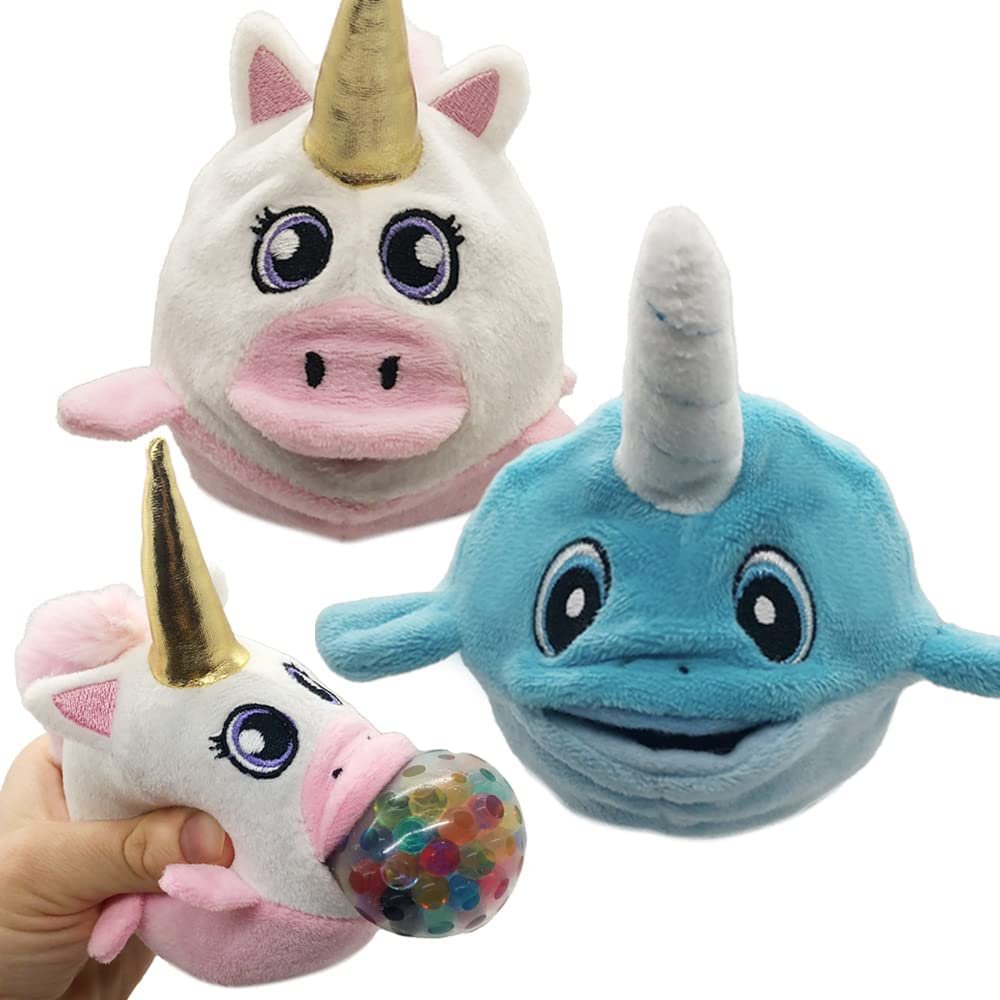 Plush Animal Toys with Squeezy Water Beads, Set of 2 Small Stuffed Animals, Includes 1 Unicorn and 1 Whale Plush Toy, Stress Relief Anxiety Toys, Cute Stuffed Animal for Boys and Girls,